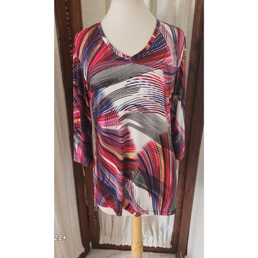 F83 Soft Works colorful red blue and gray kaleidoscope pattern tunic 3/4 sleeves